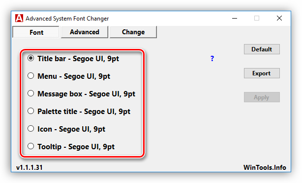 Выбор системных элементов для настройки шрифтов в программе Advanced System Font Changer